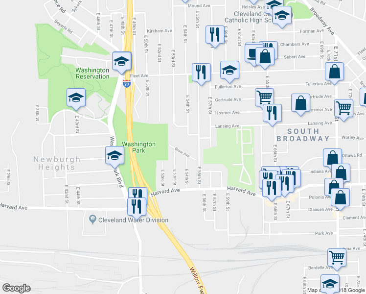 map of restaurants, bars, coffee shops, grocery stores, and more near 5313 Brow Ave in Newburgh Heights