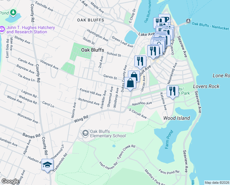 map of restaurants, bars, coffee shops, grocery stores, and more near 10 Winthrop Avenue in Oak Bluffs