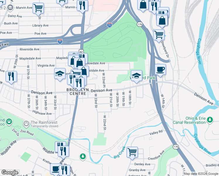 map of restaurants, bars, coffee shops, grocery stores, and more near 2114 Denison Avenue in Cleveland
