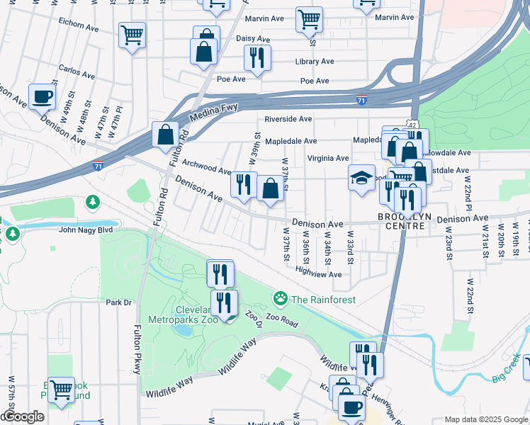 map of restaurants, bars, coffee shops, grocery stores, and more near 3712 Denison Avenue in Cleveland