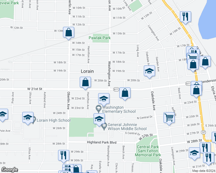 map of restaurants, bars, coffee shops, grocery stores, and more near 1002 West 21st Street in Lorain