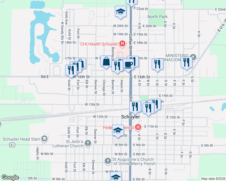 map of restaurants, bars, coffee shops, grocery stores, and more near 1450 Banner Street in Schuyler