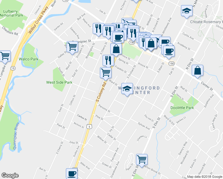 map of restaurants, bars, coffee shops, grocery stores, and more near 24 Calvin Avenue in Wallingford