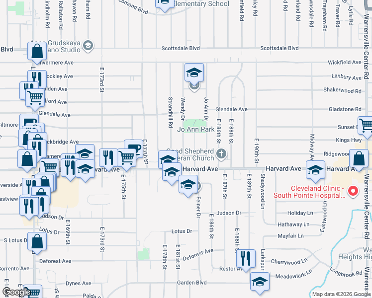 map of restaurants, bars, coffee shops, grocery stores, and more near 3984 Wendy Drive in Cleveland