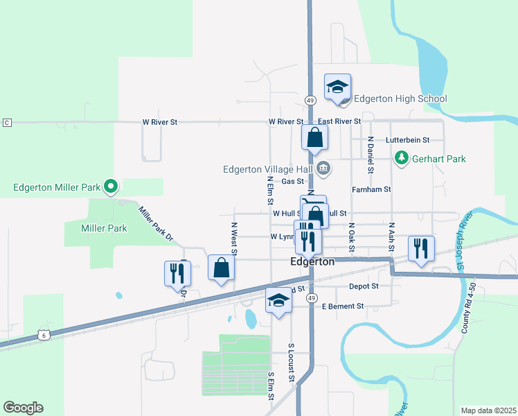 map of restaurants, bars, coffee shops, grocery stores, and more near 208 West Hull Street in Edgerton