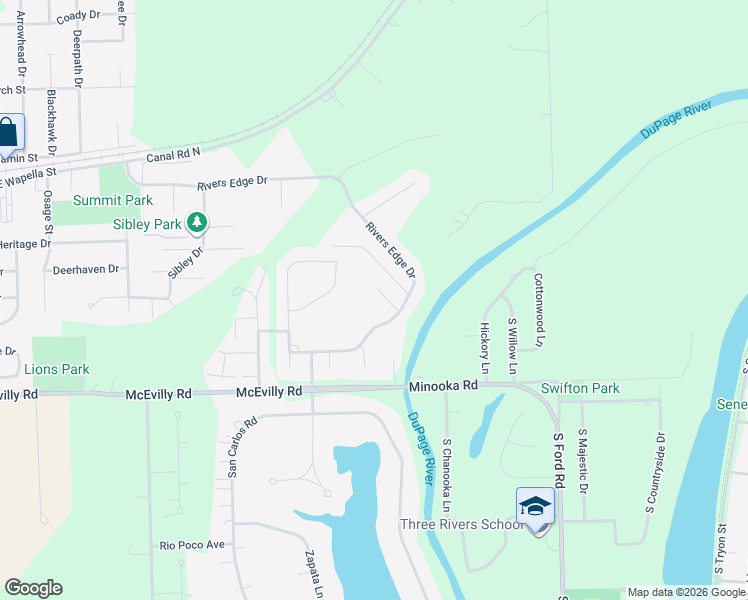 map of restaurants, bars, coffee shops, grocery stores, and more near 205 River Court in Minooka