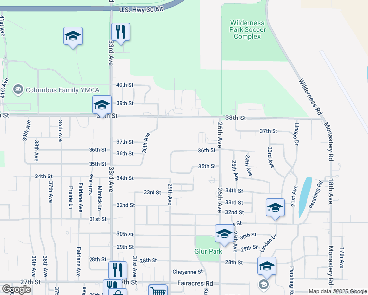 map of restaurants, bars, coffee shops, grocery stores, and more near 2812 36th Street in Columbus