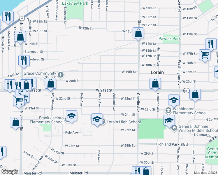 map of restaurants, bars, coffee shops, grocery stores, and more near 1416 West 21st Street in Lorain