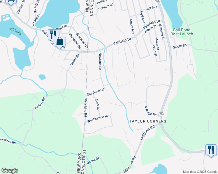 map of restaurants, bars, coffee shops, grocery stores, and more near 37 Newfane Road in New Fairfield