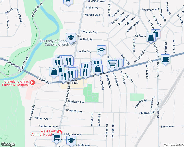 map of restaurants, bars, coffee shops, grocery stores, and more near 16420 Lorain Avenue in Cleveland