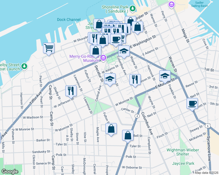 map of restaurants, bars, coffee shops, grocery stores, and more near 514 Decatur Street in Sandusky