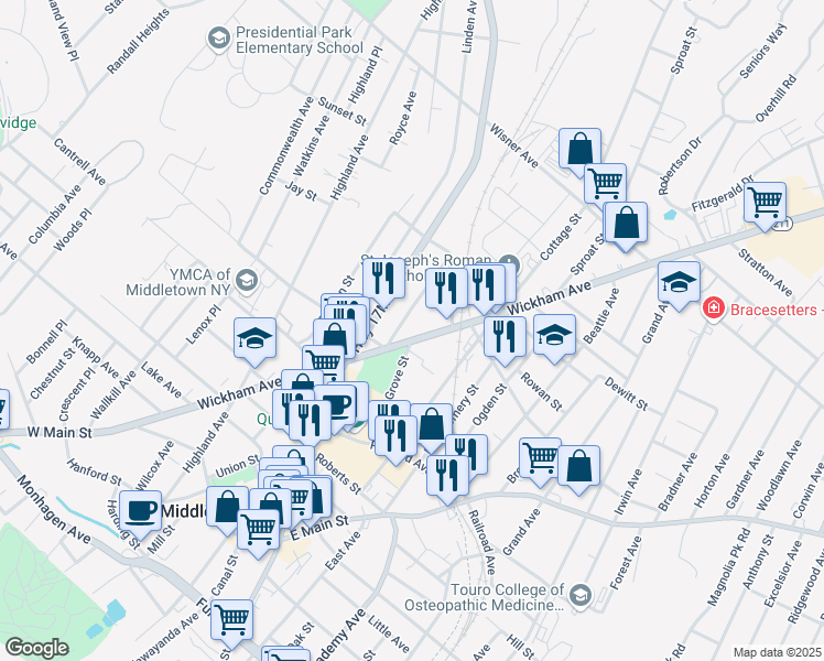map of restaurants, bars, coffee shops, grocery stores, and more near 117 Wickham Avenue in Middletown
