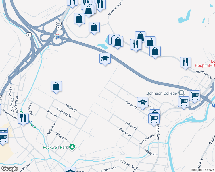map of restaurants, bars, coffee shops, grocery stores, and more near 3114 Rockwell Ave in Scranton