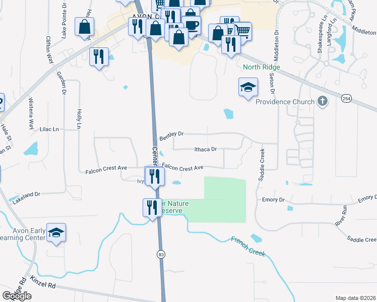 map of restaurants, bars, coffee shops, grocery stores, and more near 35983 Ithaca Drive in Avon