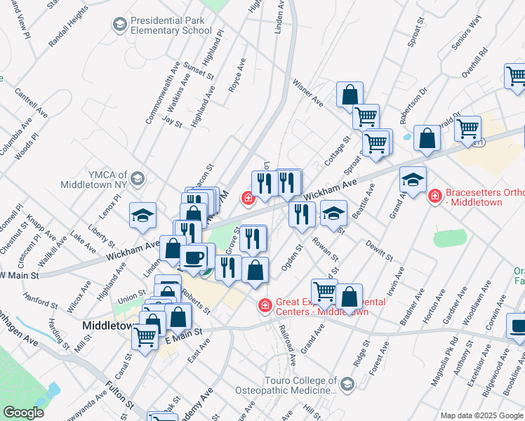 map of restaurants, bars, coffee shops, grocery stores, and more near 130-1/2 Wickham Avenue in Middletown