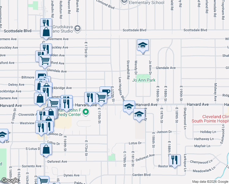 map of restaurants, bars, coffee shops, grocery stores, and more near 3977 East 177th Street in Cleveland