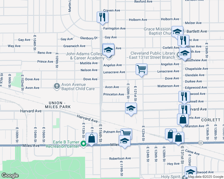map of restaurants, bars, coffee shops, grocery stores, and more near 11705 Princeton Avenue in Cleveland