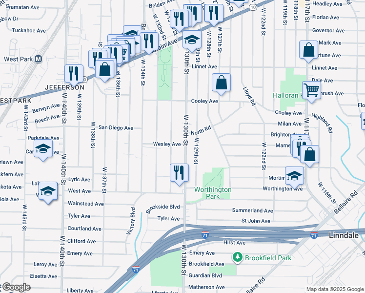 map of restaurants, bars, coffee shops, grocery stores, and more near 3788 West 130th Street in Cleveland