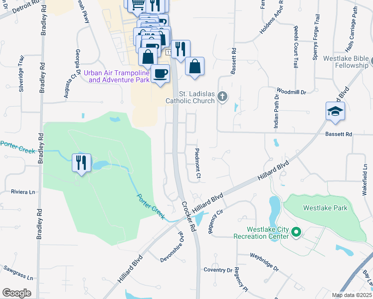 map of restaurants, bars, coffee shops, grocery stores, and more near 2585 Woodruff Court in Westlake