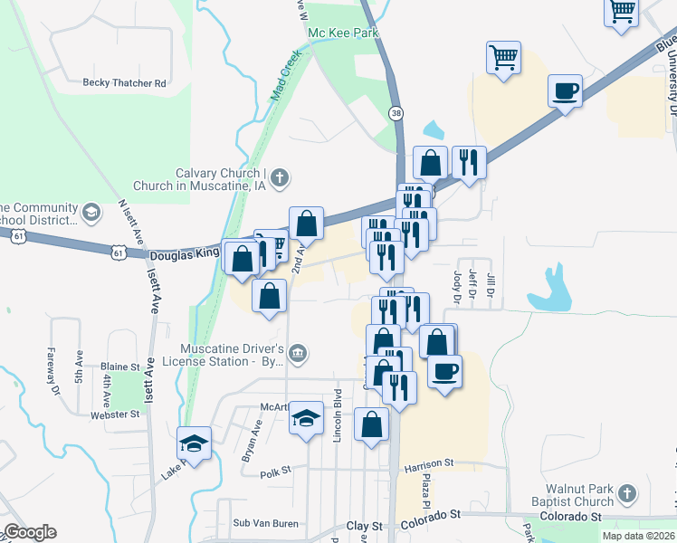 map of restaurants, bars, coffee shops, grocery stores, and more near 200 Cleveland Street in Muscatine