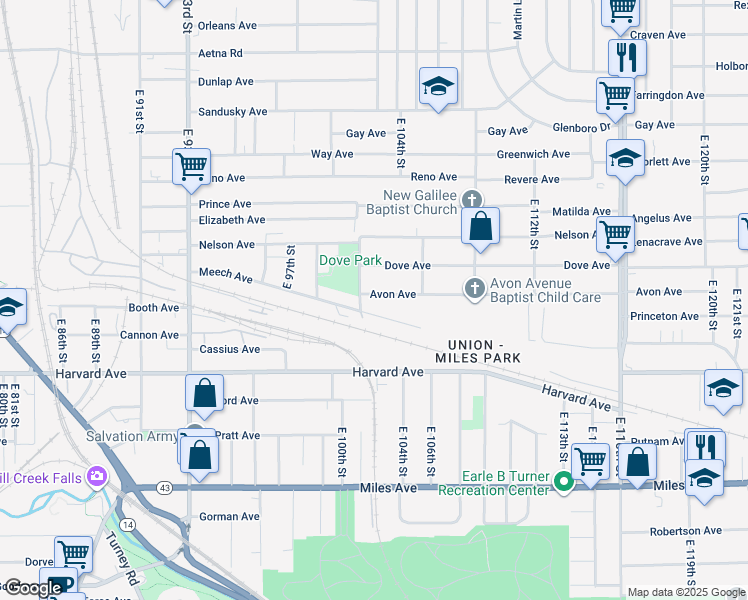 map of restaurants, bars, coffee shops, grocery stores, and more near 10214 Avon Avenue in Cleveland