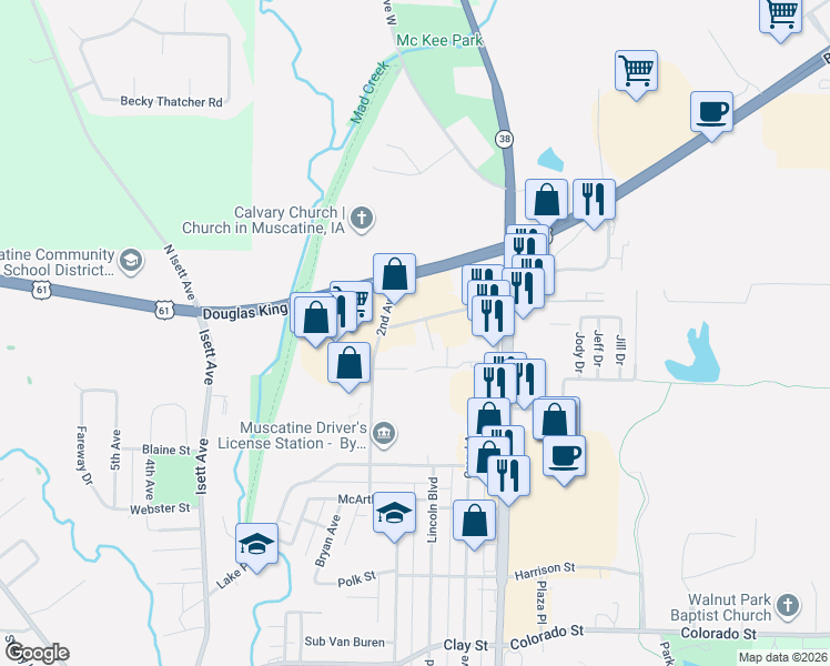 map of restaurants, bars, coffee shops, grocery stores, and more near 200 Cleveland Street in Muscatine