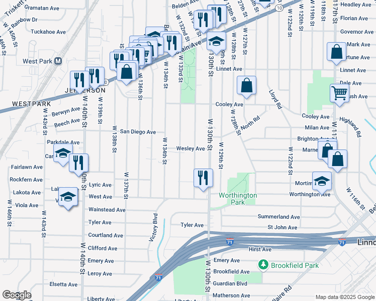 map of restaurants, bars, coffee shops, grocery stores, and more near 13211 Wesley Avenue in Cleveland