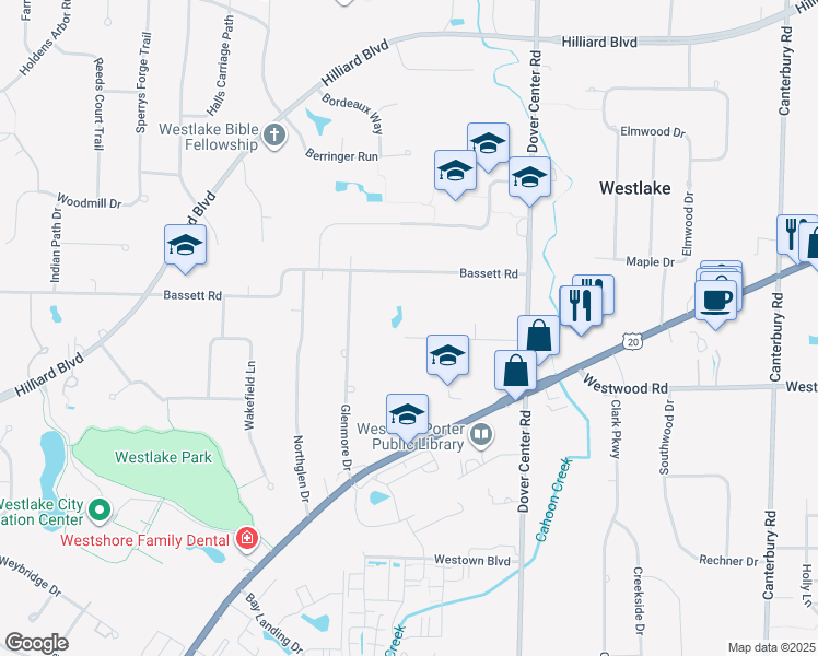 map of restaurants, bars, coffee shops, grocery stores, and more near 27526 Seneca Drive in Westlake