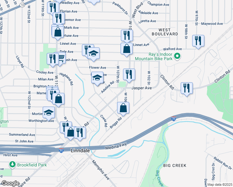 map of restaurants, bars, coffee shops, grocery stores, and more near 10632 Bellaire Road in Cleveland