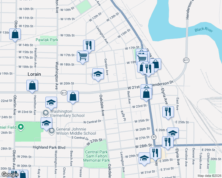map of restaurants, bars, coffee shops, grocery stores, and more near 423 West 21st Street in Lorain
