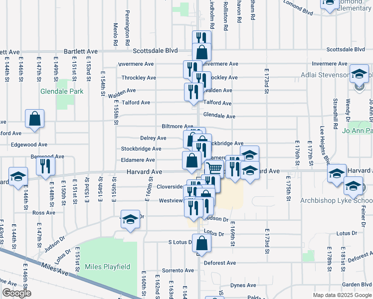 map of restaurants, bars, coffee shops, grocery stores, and more near 16402 Stockbridge Avenue in Cleveland