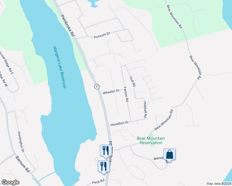 map of restaurants, bars, coffee shops, grocery stores, and more near 7 Wheeler Drive in Danbury