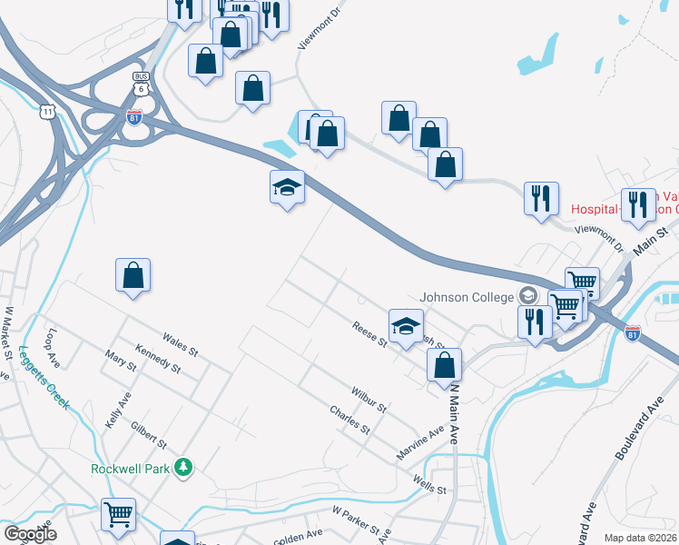 map of restaurants, bars, coffee shops, grocery stores, and more near 452 Greenbush Street in Scranton