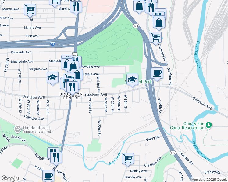 map of restaurants, bars, coffee shops, grocery stores, and more near 2000 Denison Avenue in Cleveland