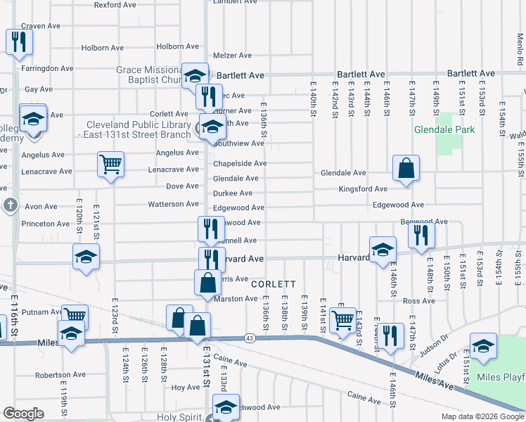 map of restaurants, bars, coffee shops, grocery stores, and more near 13507 Benwood Avenue in Cleveland