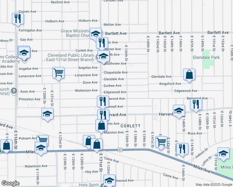 map of restaurants, bars, coffee shops, grocery stores, and more near 13305 Benwood Avenue in Cleveland