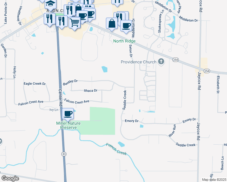 map of restaurants, bars, coffee shops, grocery stores, and more near 35653 Ithaca Drive in Avon