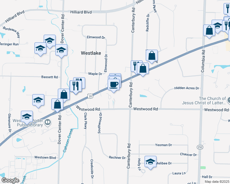 map of restaurants, bars, coffee shops, grocery stores, and more near 26583 Center Ridge Road in Westlake