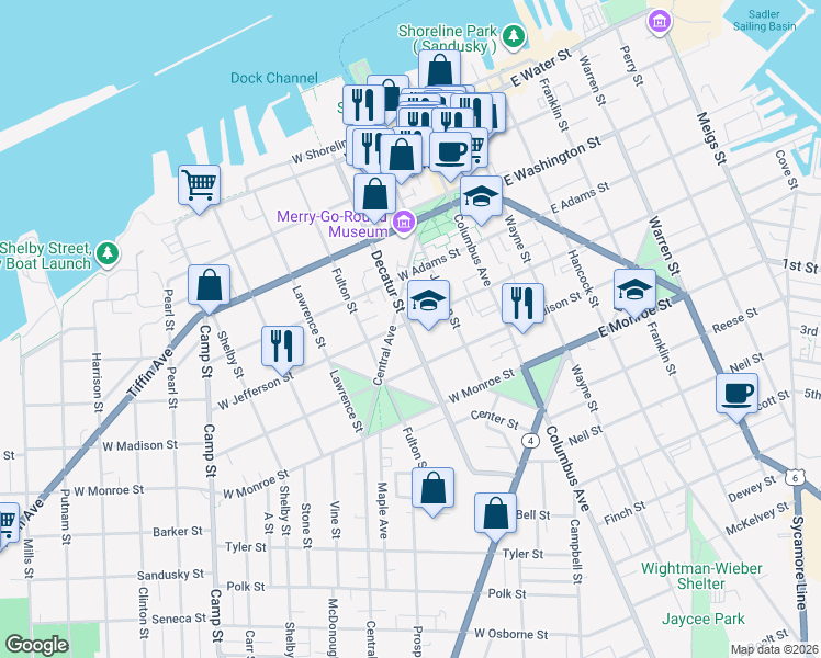 map of restaurants, bars, coffee shops, grocery stores, and more near 514 Decatur Street in Sandusky