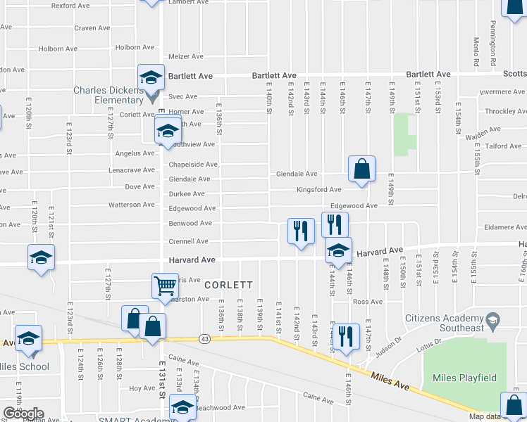 map of restaurants, bars, coffee shops, grocery stores, and more near 13908 Edgewood Avenue in Cleveland