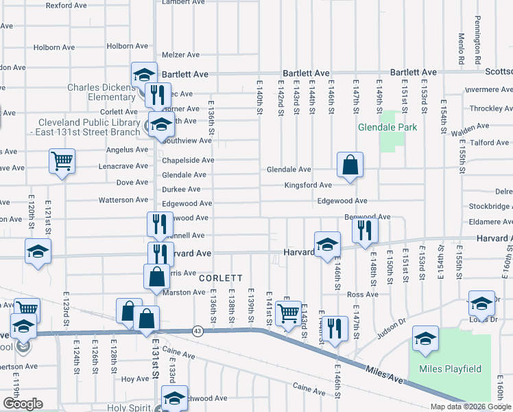 map of restaurants, bars, coffee shops, grocery stores, and more near 13905 Benwood Avenue in Cleveland