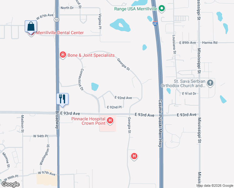 map of restaurants, bars, coffee shops, grocery stores, and more near 622 East 92nd Avenue in Merrillville