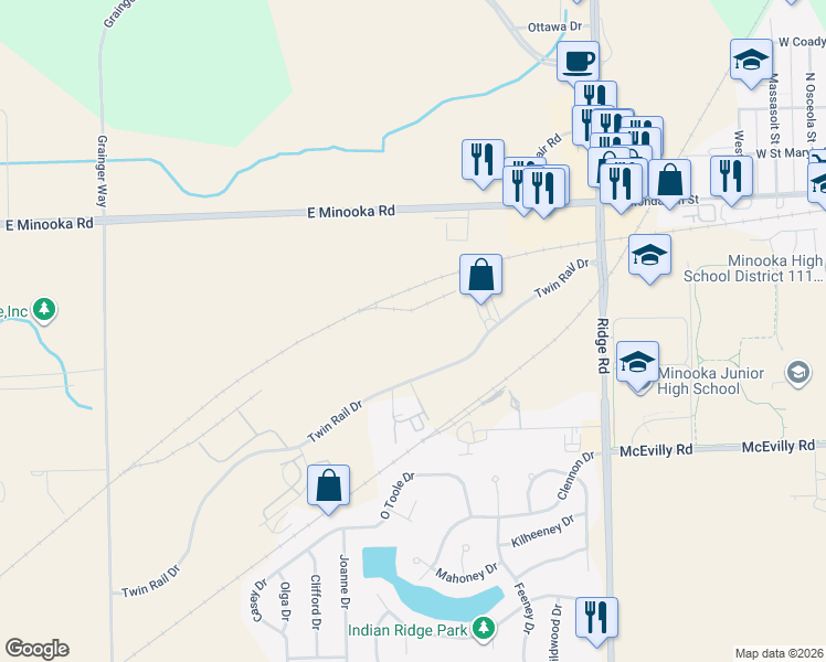map of restaurants, bars, coffee shops, grocery stores, and more near 601 Twin Rail Drive in Minooka