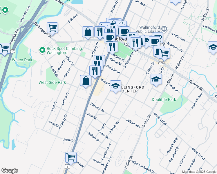 map of restaurants, bars, coffee shops, grocery stores, and more near 179 South Orchard Street in Wallingford