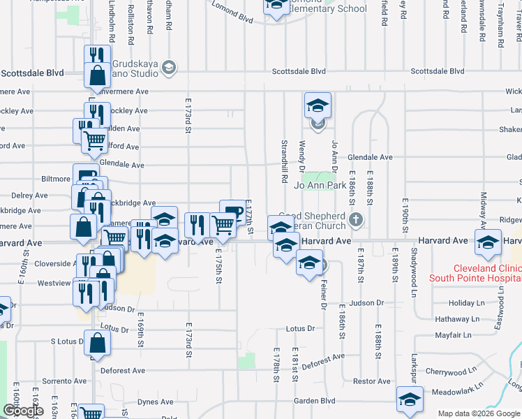 map of restaurants, bars, coffee shops, grocery stores, and more near 3977 East 177th Street in Cleveland