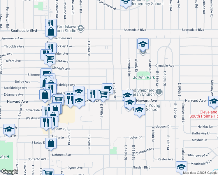 map of restaurants, bars, coffee shops, grocery stores, and more near 3970 East 176th Street in Cleveland