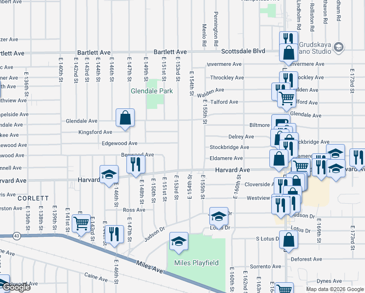map of restaurants, bars, coffee shops, grocery stores, and more near 3982 East 153rd Street in Cleveland