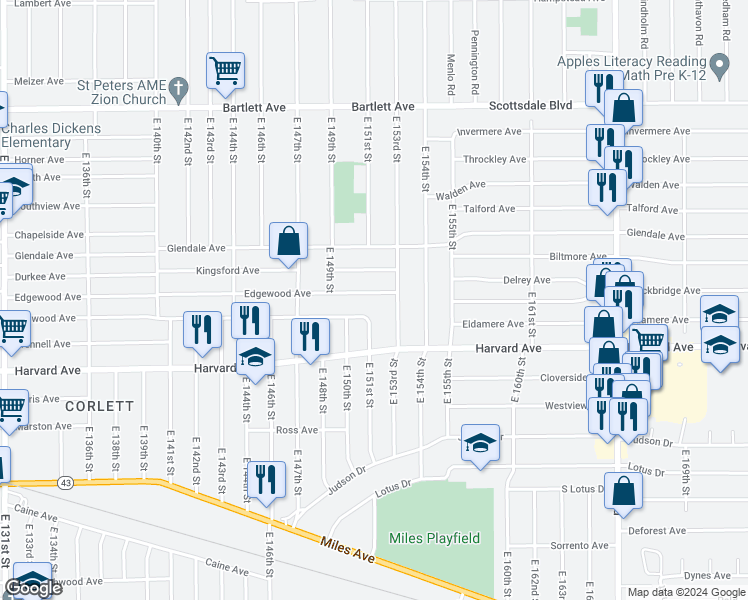 map of restaurants, bars, coffee shops, grocery stores, and more near 15013 Benwood Avenue in Cleveland