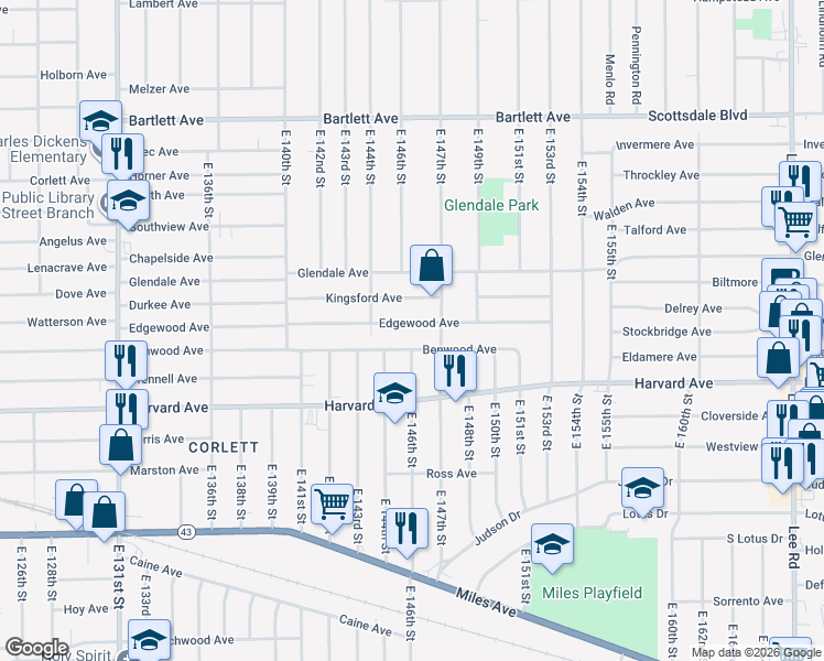 map of restaurants, bars, coffee shops, grocery stores, and more near 3980 East 147th Street in Cleveland