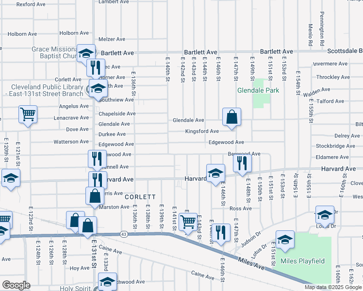 map of restaurants, bars, coffee shops, grocery stores, and more near 14117 Benwood Avenue in Cleveland
